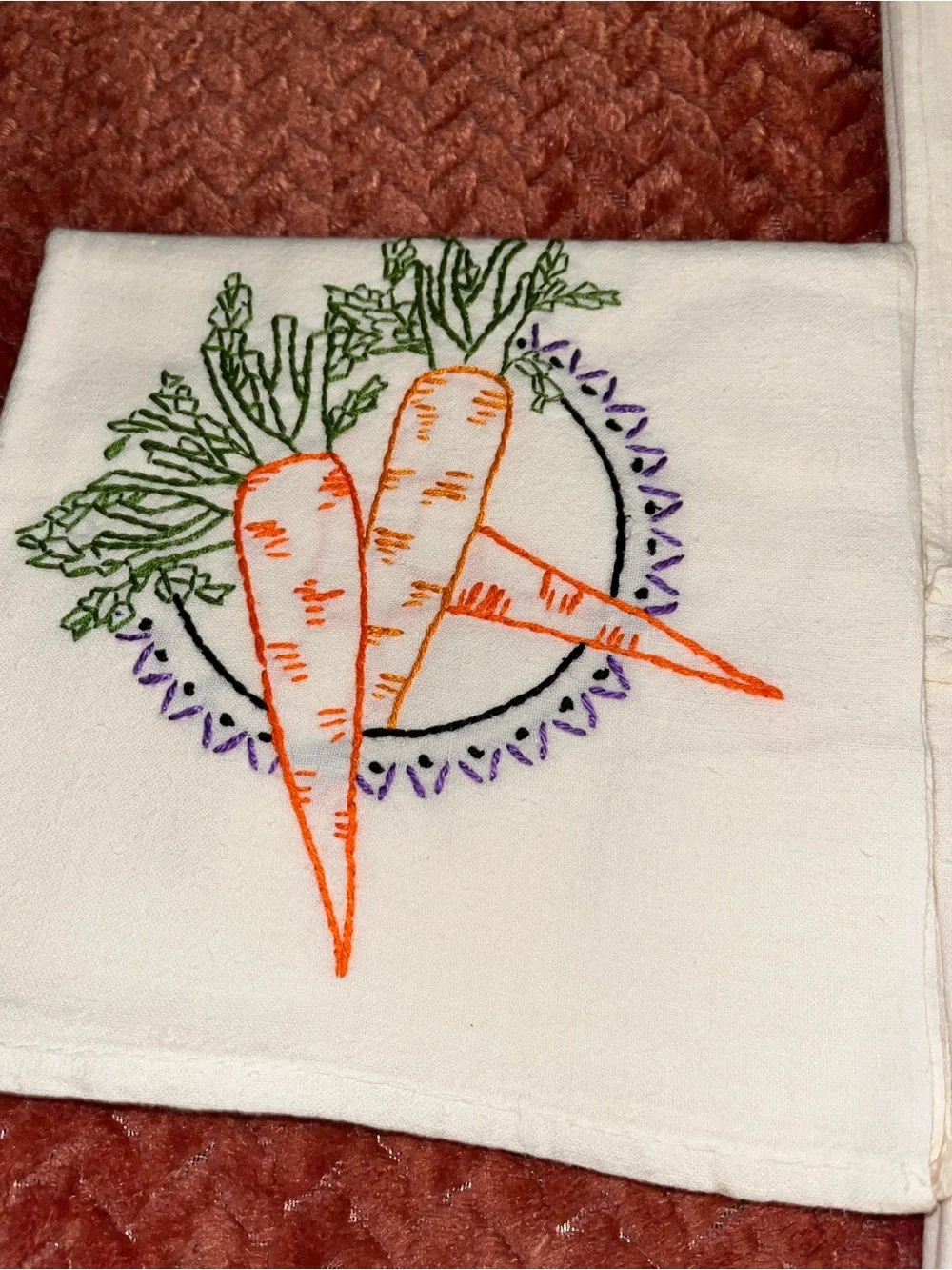 Vegetable embroidered table linens.
